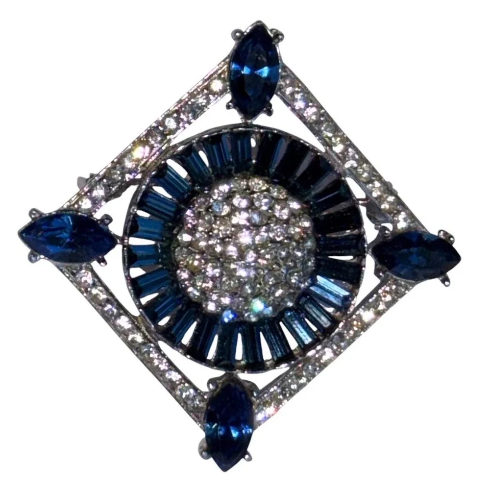 Vintage 1950s Wiesner Sapphire Navette Rhinestone Brooch – Square Pavé Frame